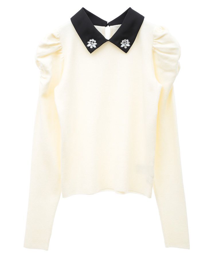 earth music&ecology「襟ビジュー付きニットプルオーバー」|ニット・セーター|