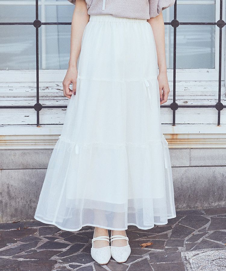 earth music&ecology「リボンチュールティアードスカート」|フレア|