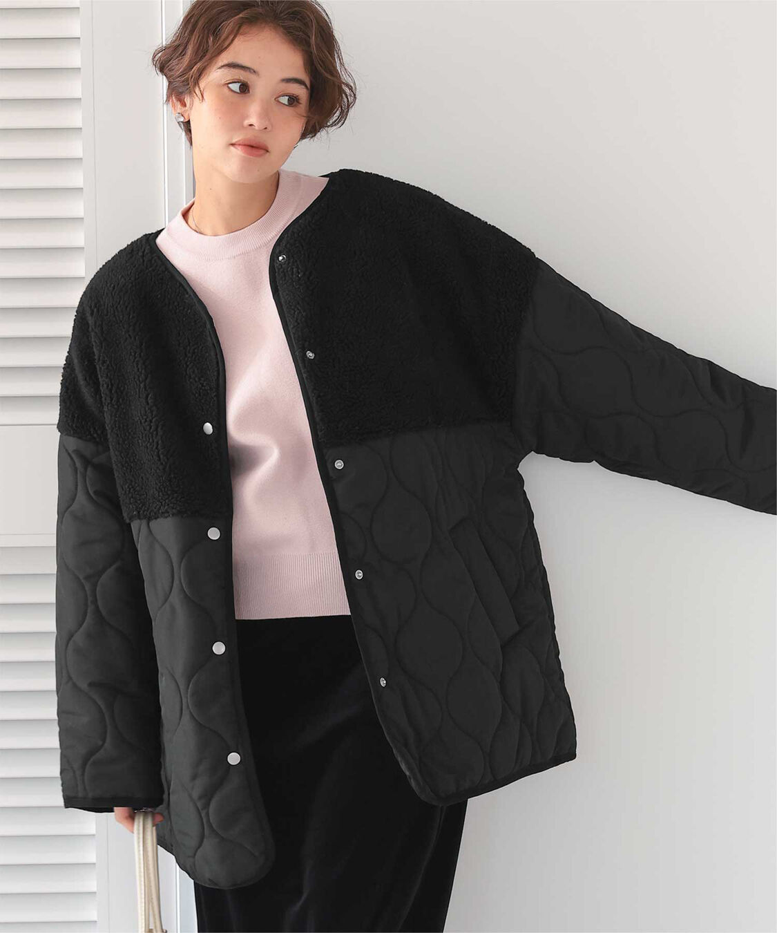 titivate「ボア切替キルティングショートコート」|ノーカラーコート|