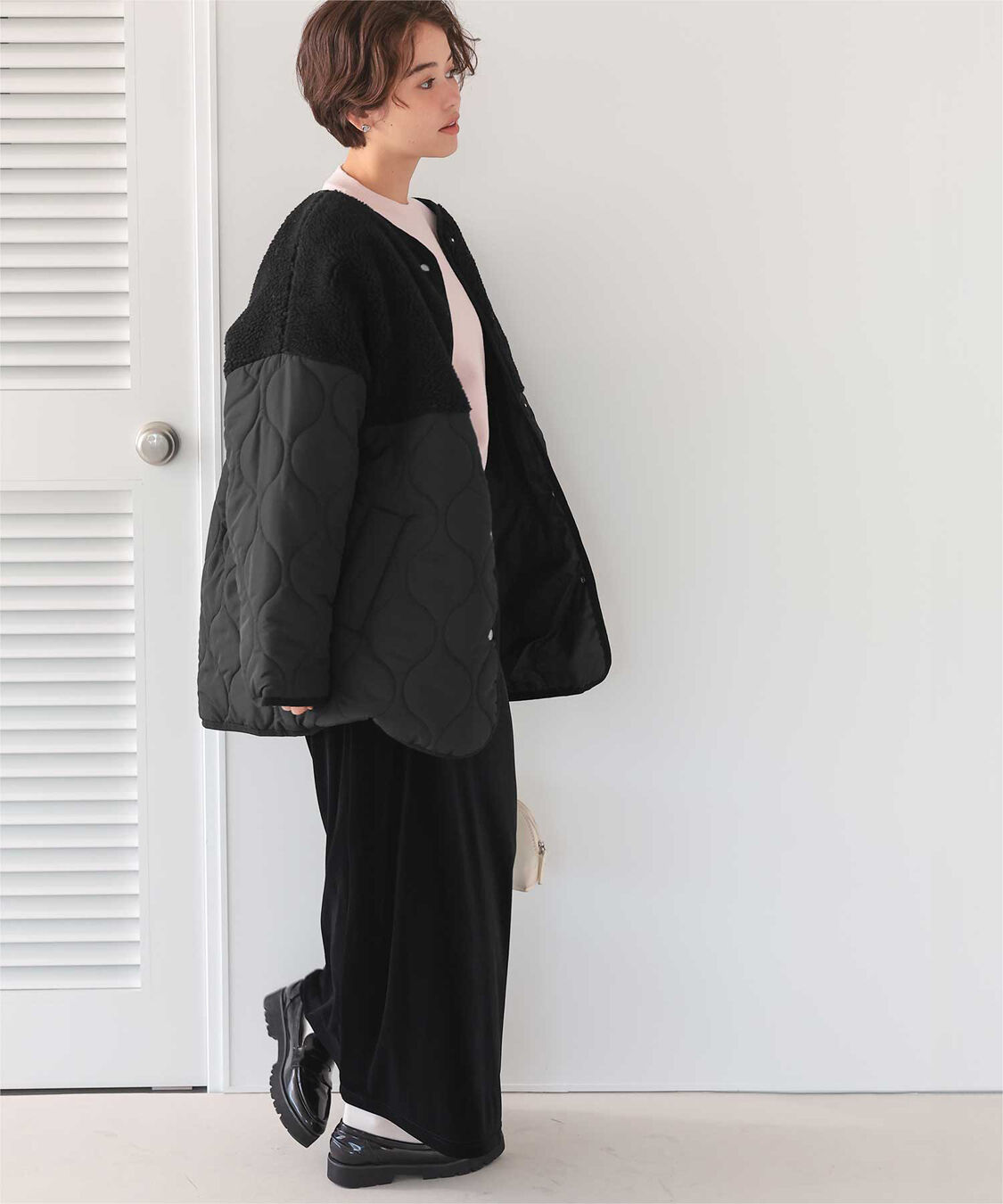 titivate「ボア切替キルティングショートコート」|ノーカラーコート|