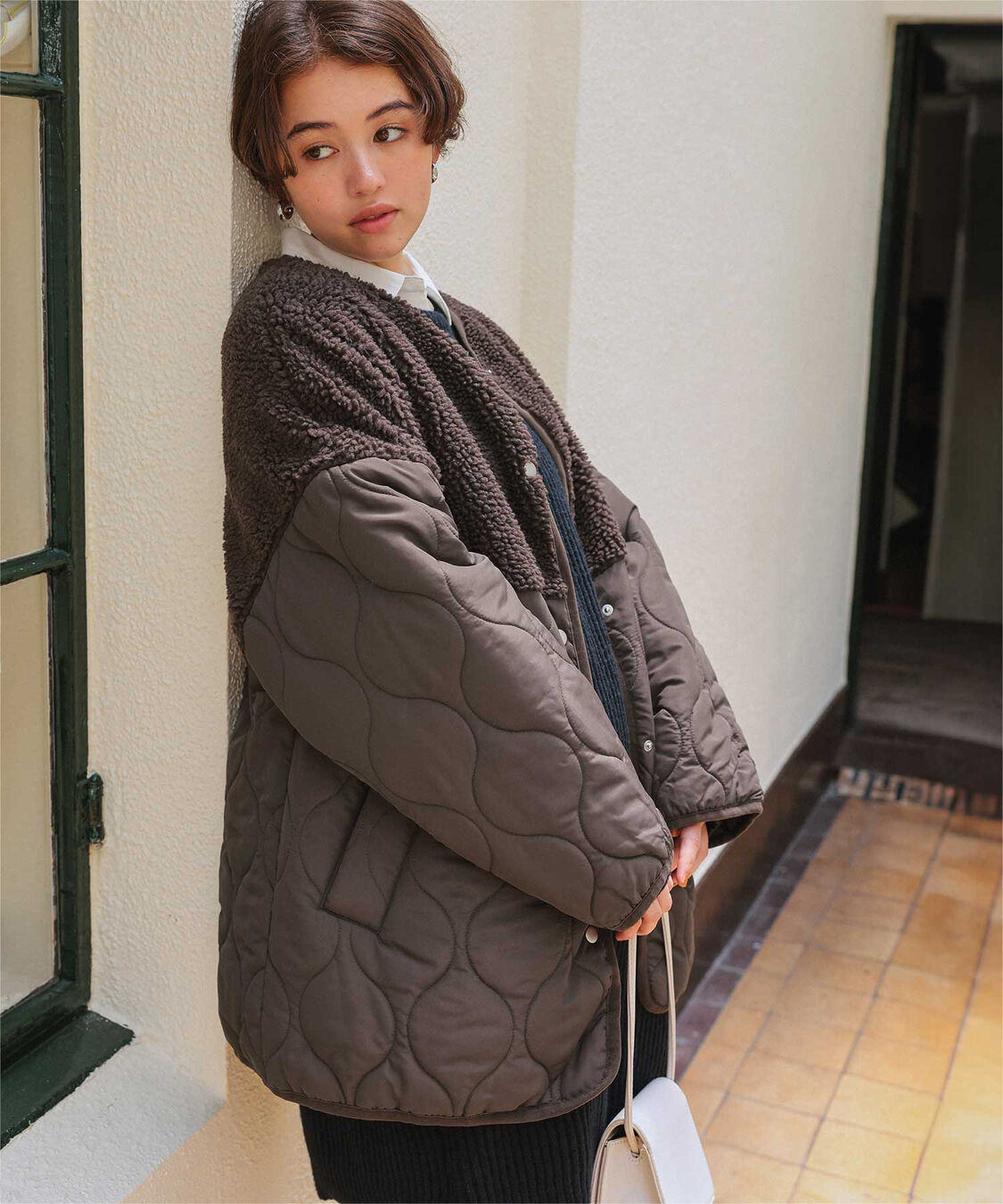 titivate「ボア切替キルティングショートコート」|ノーカラーコート|