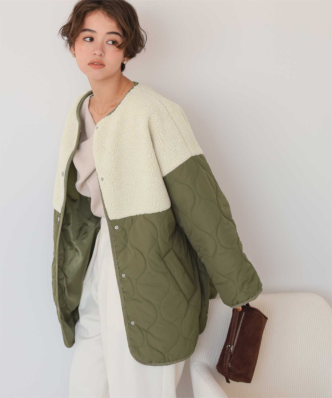 titivate「ボア切替キルティングショートコート」|ノーカラーコート|