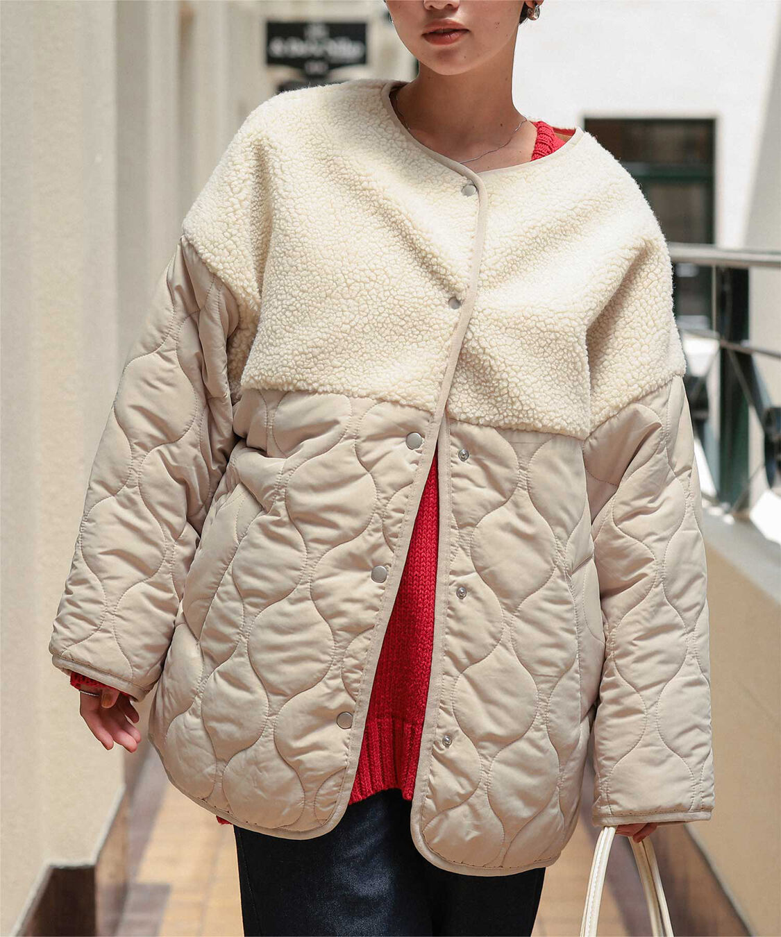 titivate「ボア切替キルティングショートコート」|ノーカラーコート|アイボリー