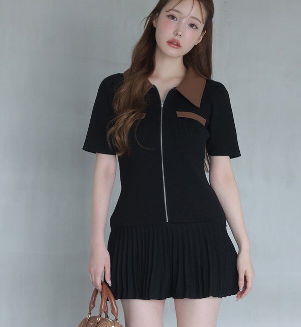  「合皮衿ニットミニワンピ」|ワンピース|