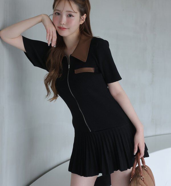  「合皮衿ニットミニワンピ」|ワンピース|