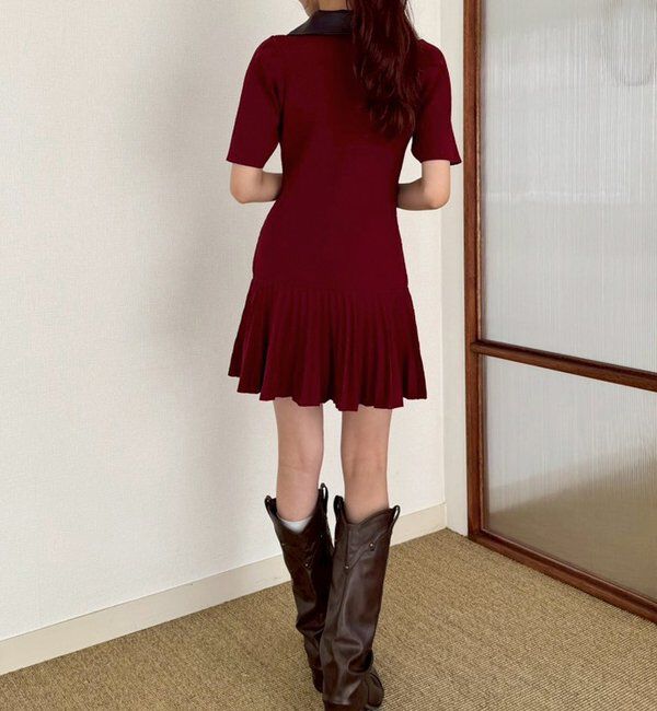  「合皮衿ニットミニワンピ」|ワンピース|