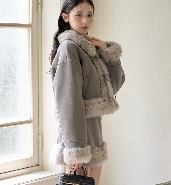  「【リボン取り外し可能】フェイクムートンリボンアウター」|ダウンベスト・ベスト|