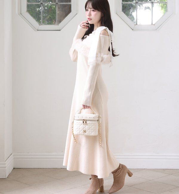  「リボン取り外し可能オフショルファーニットワンピース」|ワンピース|