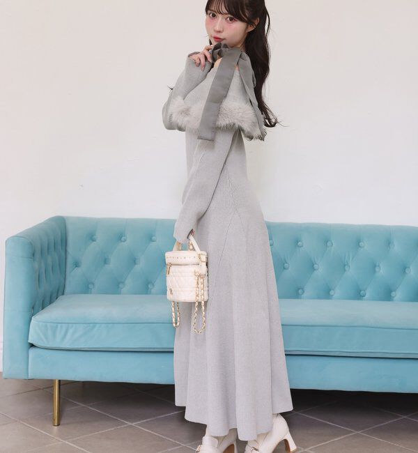  「リボン取り外し可能オフショルファーニットワンピース」|ワンピース|