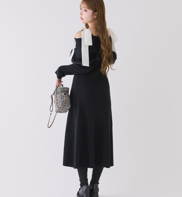  「リボン取り外し可能オフショルファーニットワンピース」|ワンピース|