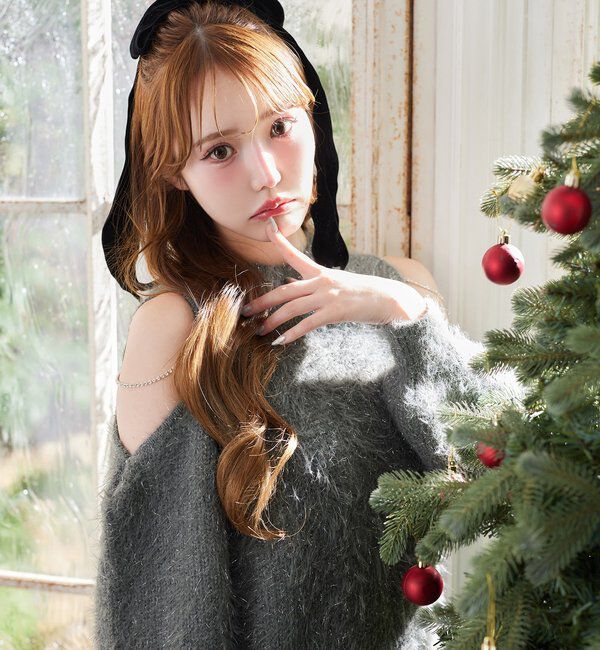  「肩あきビジューニットミニワンピ」|ワンピース|