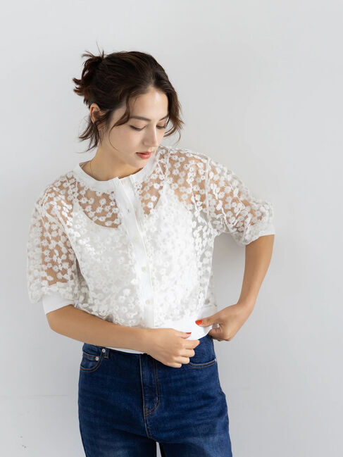 Te chichi「エンブロイダリー半袖クルーカーディガン」|カーディガン|