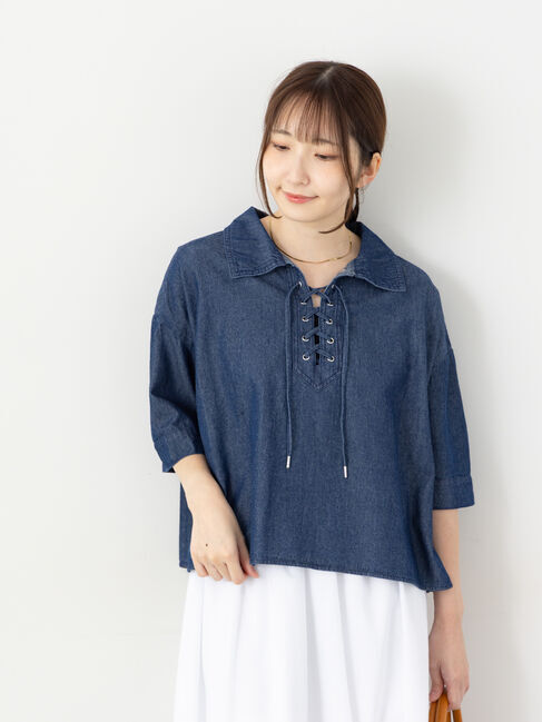 Te chichi TERRASSE「デニムレースアップシャツ《2025autumn catalog item》」|シャツ・ブラウス|ネイビー