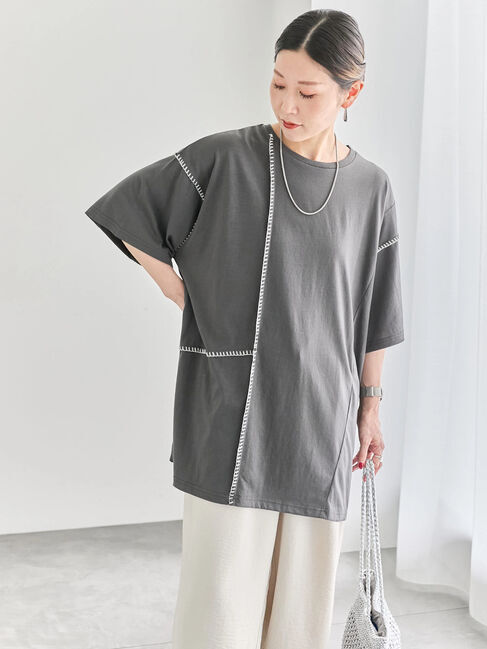Samansa Mos2 blue「◎【接触冷感】切替ステッチチュニック」|Tシャツ・カットソー|