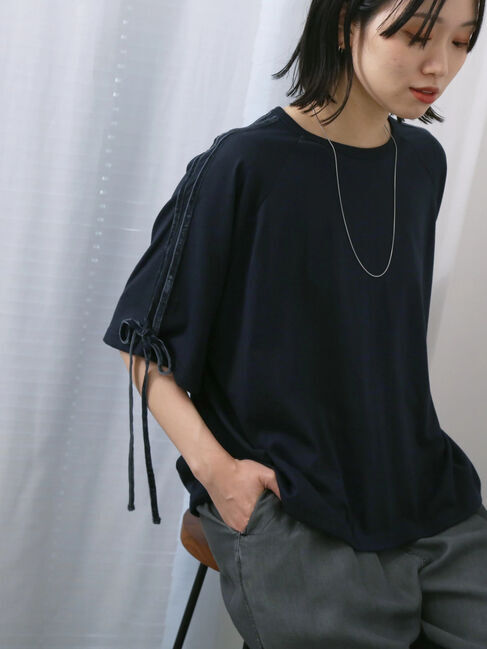 Samansa Mos2 blue「◎【接触冷感】ベロアラインリボンTシャツ」|Tシャツ・カットソー|