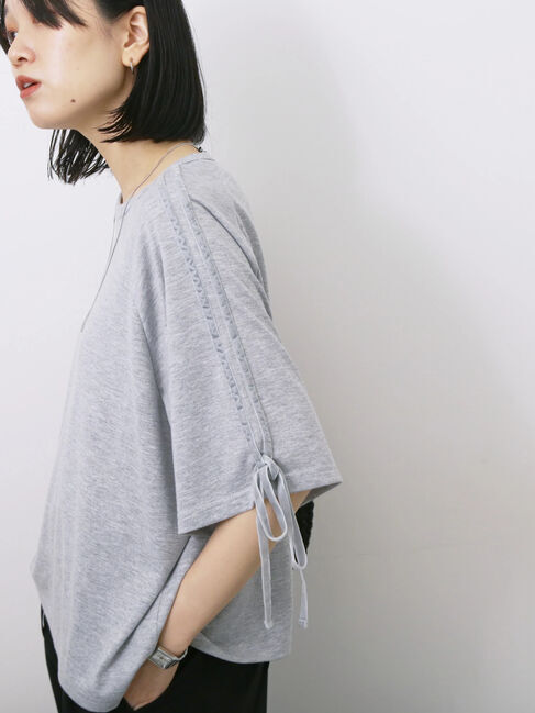 Samansa Mos2 blue「◎【接触冷感】ベロアラインリボンTシャツ」|Tシャツ・カットソー|