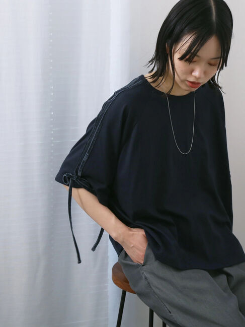 Samansa Mos2 blue「◎【接触冷感】ベロアラインリボンTシャツ」|Tシャツ・カットソー|