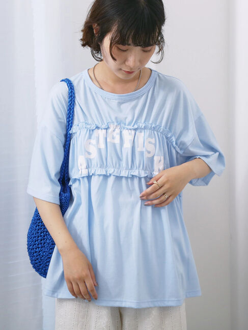 Samansa Mos2 blue「◎【接触冷感】シャーリングドッキングTシャツ」|Tシャツ・カットソー|サックスブルー