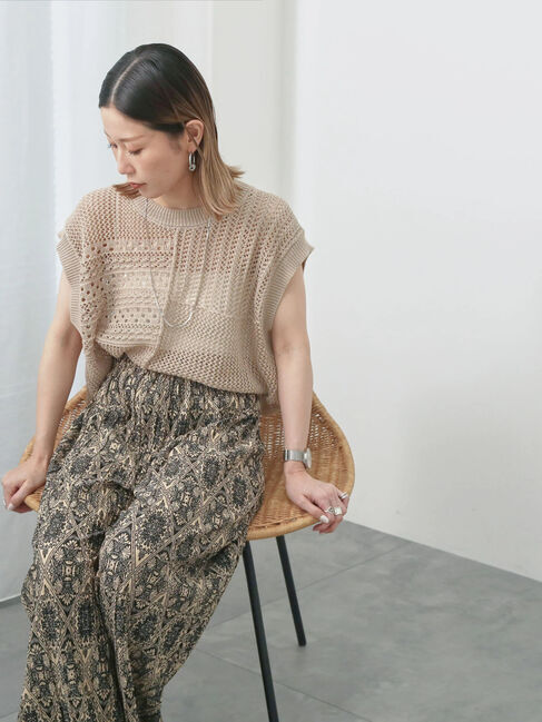 Samansa Mos2 blue「麻タッチパッチワークニットベスト」|ニット・セーター|