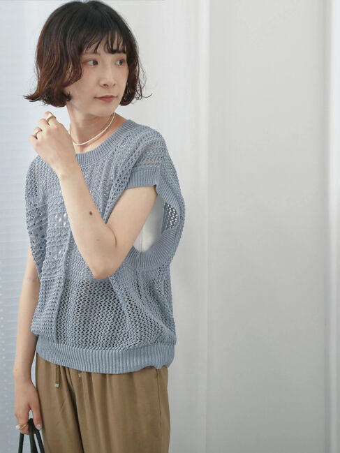 Samansa Mos2 blue「麻タッチパッチワークニットベスト」|ニット・セーター|