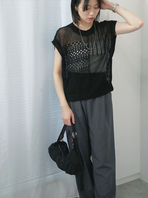 Samansa Mos2 blue「麻タッチパッチワークニットベスト」|ニット・セーター|