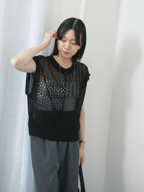 Samansa Mos2 blue「麻タッチパッチワークニットベスト」|ニット・セーター|