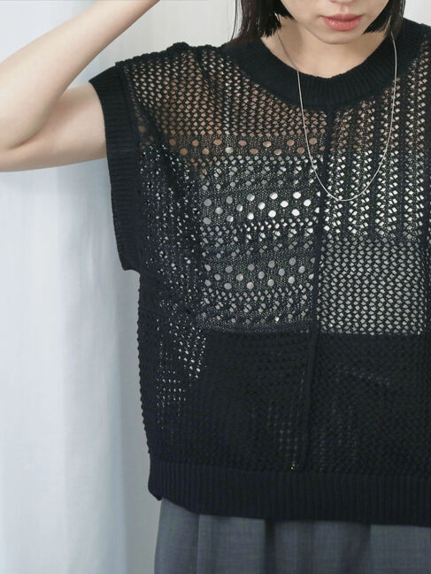 Samansa Mos2 blue「麻タッチパッチワークニットベスト」|ニット・セーター|