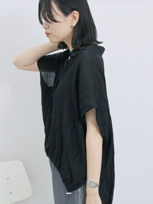 Samansa Mos2 blue「裾ドロスト楊柳シャツ」|シャツ・ブラウス|