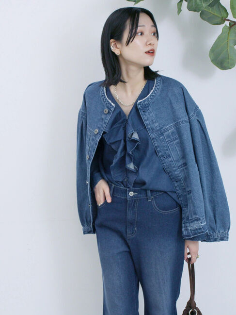 Samansa Mos2 blue「【ECO DENIM 】 ノーカラーブルゾン」|ブルゾン・スタジャン|