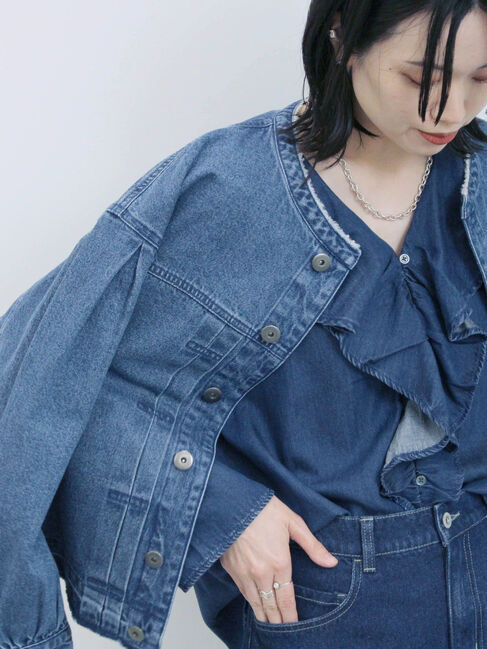 Samansa Mos2 blue「【ECO DENIM 】 ノーカラーブルゾン」|ブルゾン・スタジャン|
