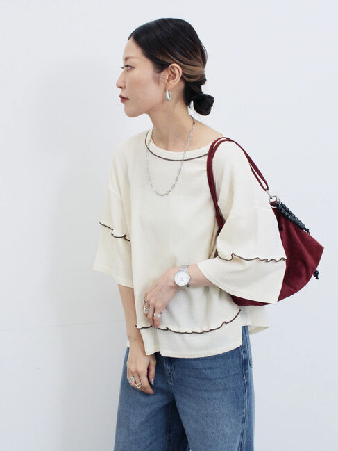 Samansa Mos2 blue「配色メローアソートプルオーバー」|Tシャツ・カットソー|