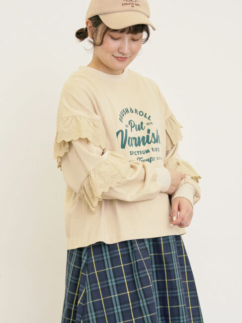 Samansa Mos2「袖フリル切替えスウェット」|Tシャツ・カットソー|ベージュ