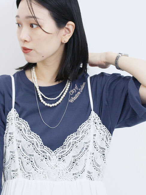 Samansa Mos2 blue「チェーン刺繍7分袖プルオーバー」|Tシャツ・カットソー|