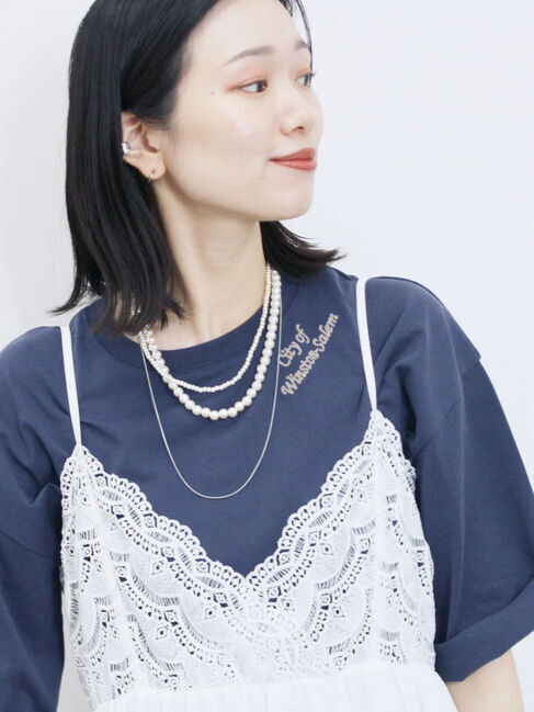 Samansa Mos2 blue「チェーン刺繍7分袖プルオーバー」|Tシャツ・カットソー|