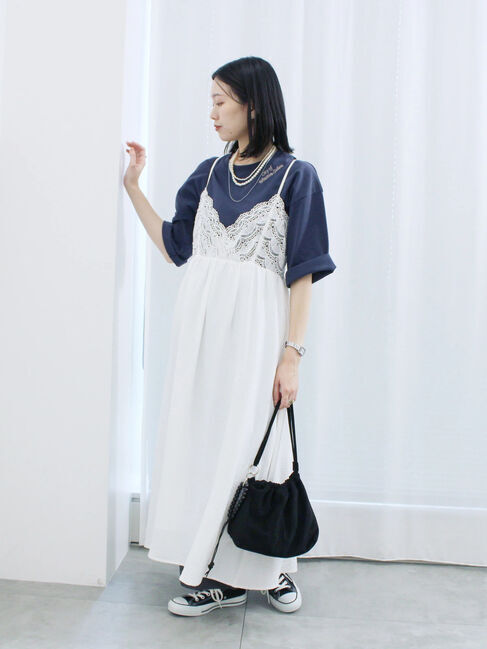 Samansa Mos2 blue「チェーン刺繍7分袖プルオーバー」|Tシャツ・カットソー|