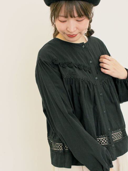 Samansa Mos2「V切替レース前開きブラウス」|シャツ・ブラウス|ブラック