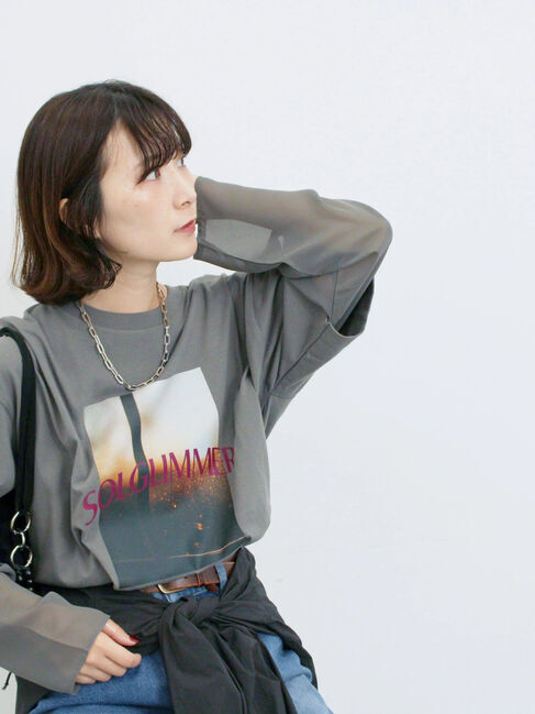 Samansa Mos2 blue「袖シフォンレイヤードプルオーバー」|Tシャツ・カットソー|