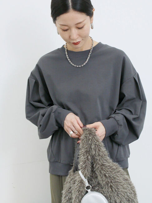 Samansa Mos2 blue「ポンチ袖タックプルオーバー」|Tシャツ・カットソー|チャコールグレー