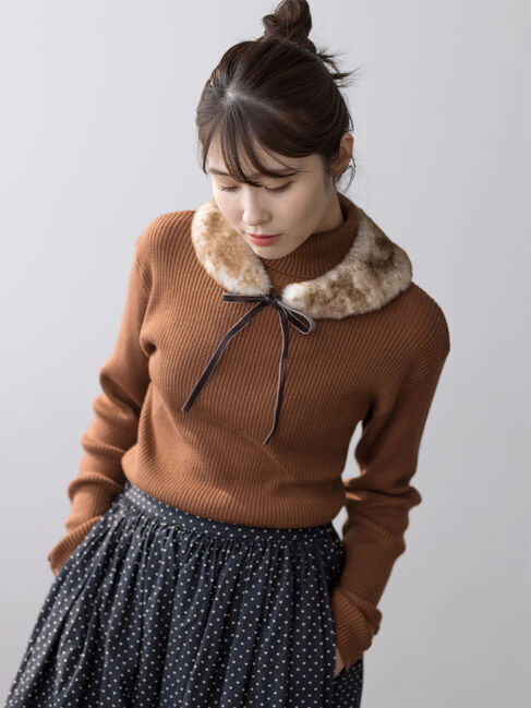 Samansa Mos2「【ゆべし&times;Samansa Mos2】ティペット付リブニット」|ニット・セーター|キャメル