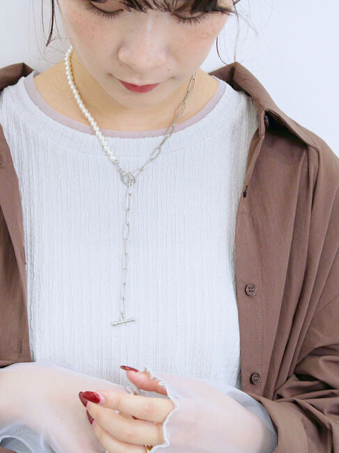 Samansa Mos2 blue「膨れジャガード袖チュールプルオーバー」|Tシャツ・カットソー|