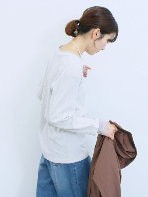 Samansa Mos2 blue「膨れジャガード袖チュールプルオーバー」|Tシャツ・カットソー|