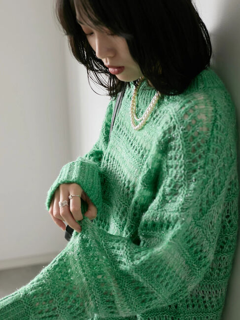 Samansa Mos2 blue「透かし柄ニットプルオーバー」|ニット・セーター|