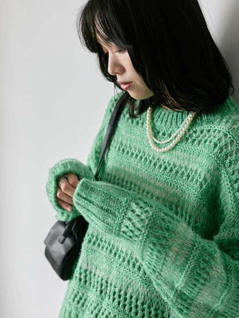 Samansa Mos2 blue「透かし柄ニットプルオーバー」|ニット・セーター|