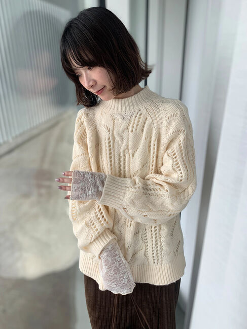 Samansa Mos2 blue「【帯電防止】袖口レースプルオーバー」|Tシャツ・カットソー|