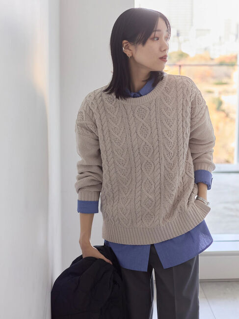 Samansa Mos2 blue「ラメモールケーブルニットプルオーバー」|ニット・セーター|