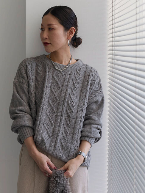 Samansa Mos2 blue「ラメモールケーブルニットプルオーバー」|ニット・セーター|