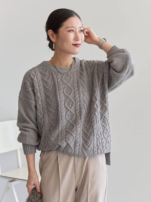 Samansa Mos2 blue「ラメモールケーブルニットプルオーバー」|ニット・セーター|