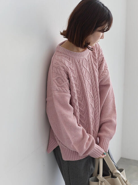 Samansa Mos2 blue「ラメモールケーブルニットプルオーバー」|ニット・セーター|