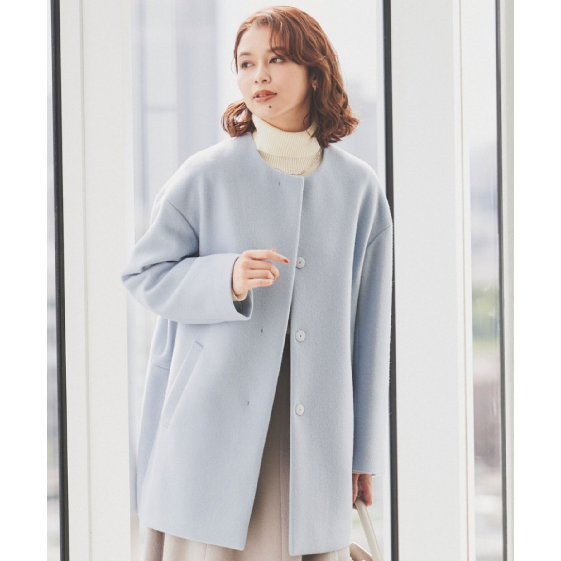 UNTITLED「【日本製】ミディ丈ノーカラーコート」|ノーカラーコート|ブルー(091)