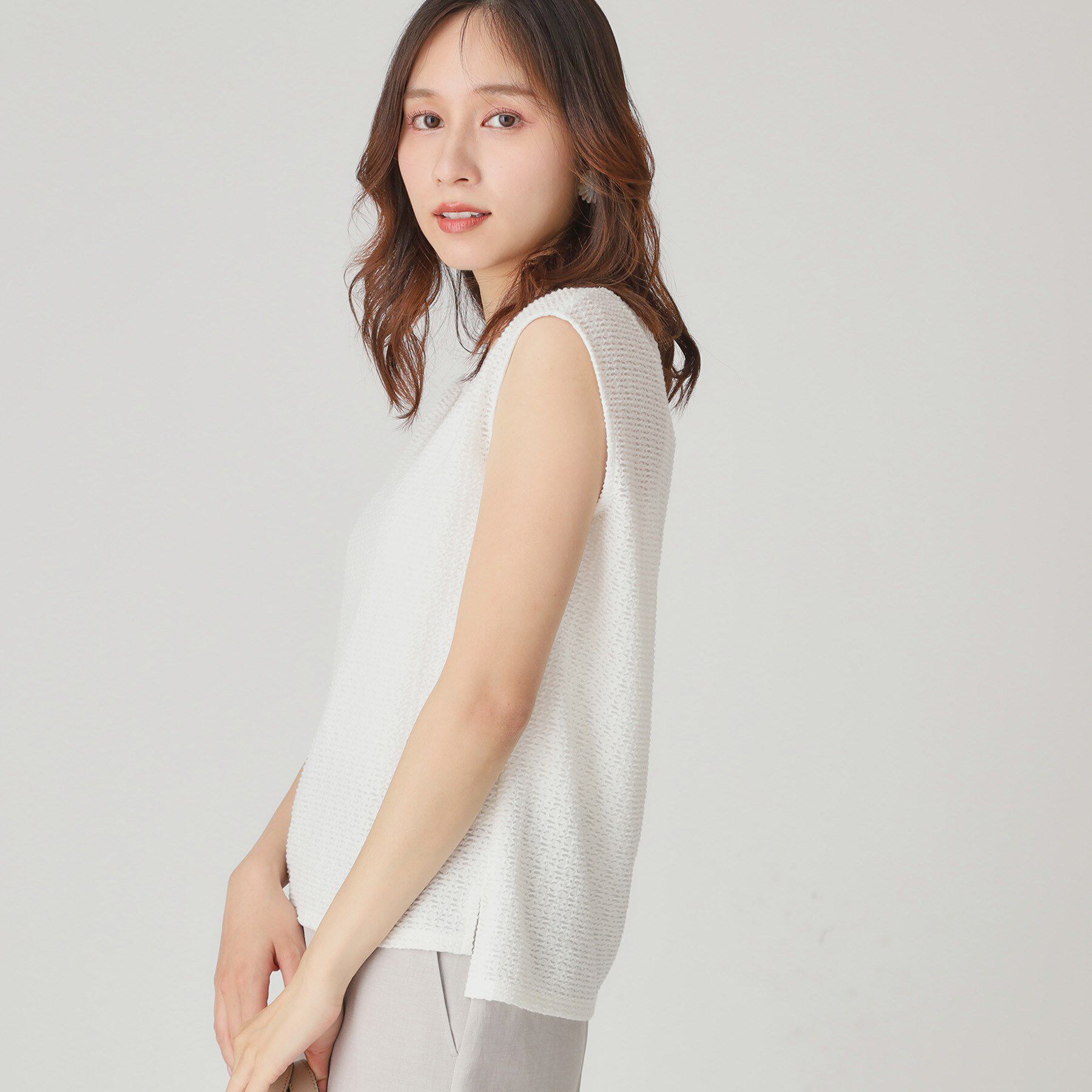 COUP DE CHANCE「【手洗い可／日本製】ジャカードジャージトップス」|Tシャツ・カットソー|ホワイト(001)